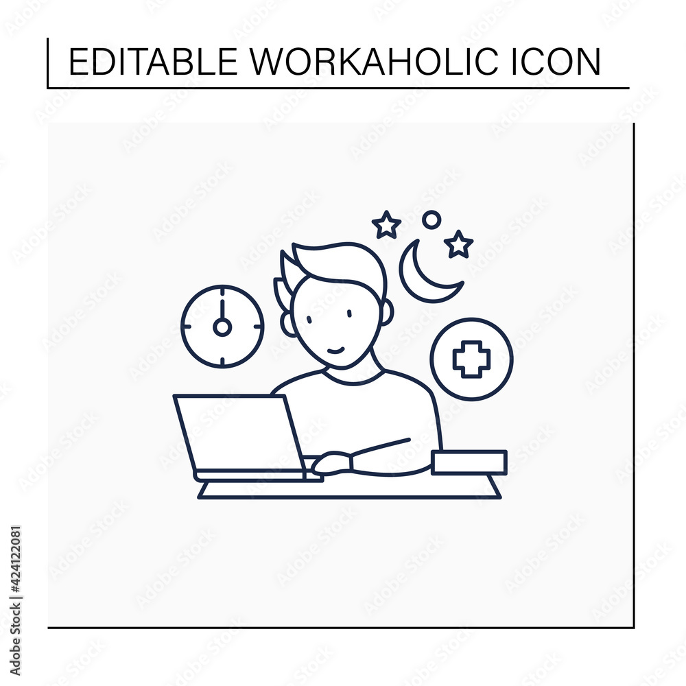 Workaholic line icon.Workaholism treatment. Necessary therapy.Man at laptop.Overworking concept.Isolated vector illustration.Editable stroke Workaholic line icon.Workaholism treatment. Necessary therapy.Man at laptop.Overworking concept.Isolated vector illustration.Editable stroke