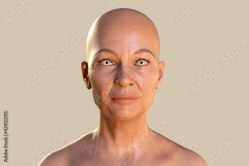 Portrait of a beautiful middle age woman without hairs, illustration
