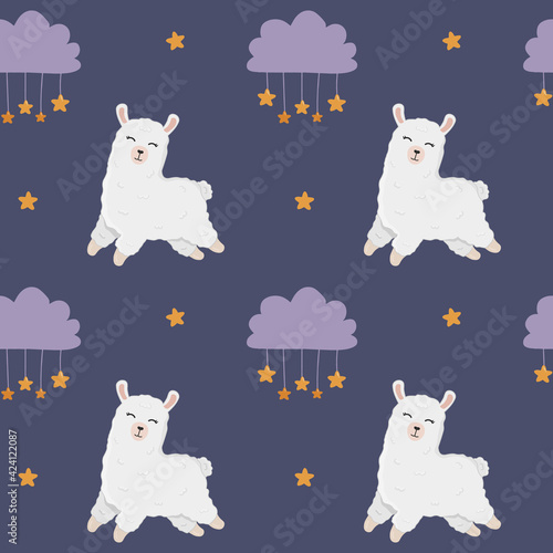 Seamless pattern with sleeping alpaca, clouds and stars in the sky. Background for wrapping paper, textile, posters, nursery decoration. Cute llama