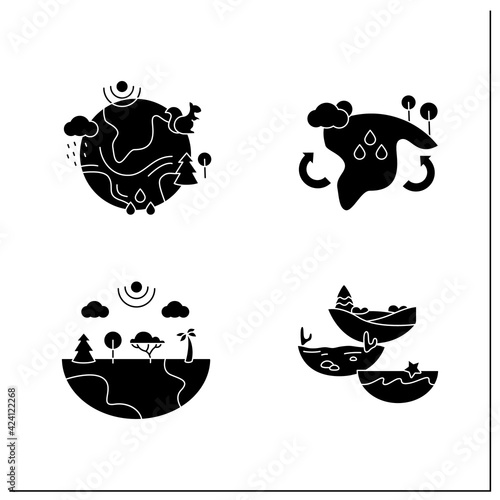 Biodiversity glyph icons set.Reduce air pollution. Fighting global warming. Saving flora and fauna.Species diversity ecosystem icons.Filled flat signs. Isolated silhouette vector illustrations
