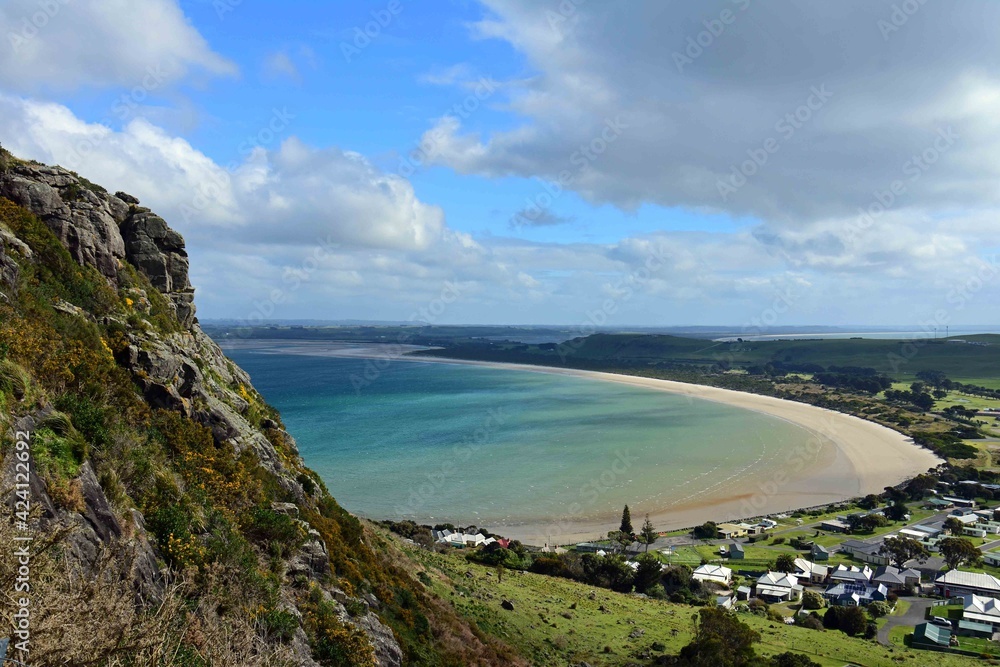 striking  view of the village of  stanley and the stanley beach conservation area from climbing up  the volcanic nut, in northern tasmania, australia      