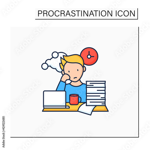 Work procrastinating color icon.Unnecessarily postpone dealing work-related tasks. Tired person.Overload concept. Isolated vector illustration