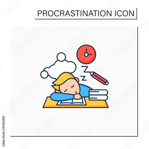 School procrastinating color icon.Unnecessarily postpone dealing tasks. Sleep at lesson. Tired person.Overload concept. Isolated vector illustration