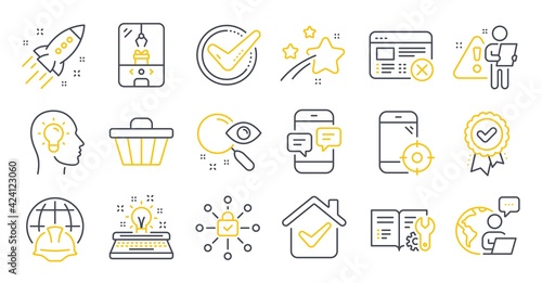 Set of Technology icons, such as Typewriter, Seo phone, Security lock symbols. Global engineering, Crane claw machine, Approved award signs. Idea head, Engineering documentation, Search. Vector