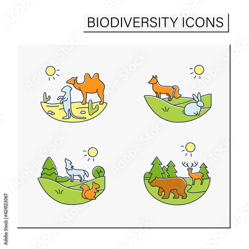 Biodiversity color icons set. Consists of desert, grassland,temperate forest, taiga forest ecosystems. Biodiversity concept. Isolated vector illustrations