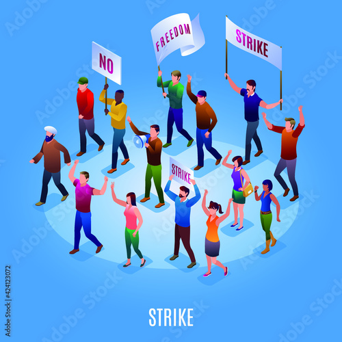 Strike activists protesting with flags and banners illustration isometric icons on blue isolated background