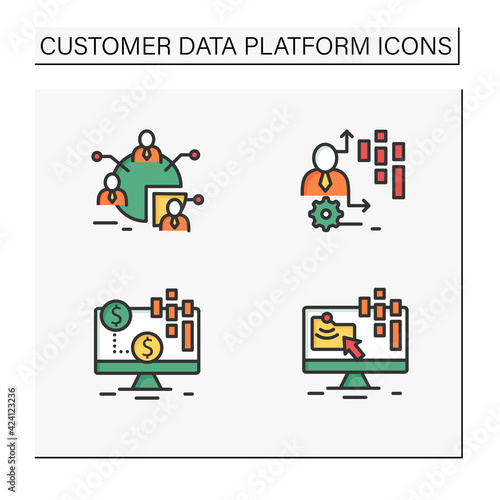 Customer data platform color icons set. Audience segments, transactional data, behavioral date. Customer data concepts. Isolated vector illustrations