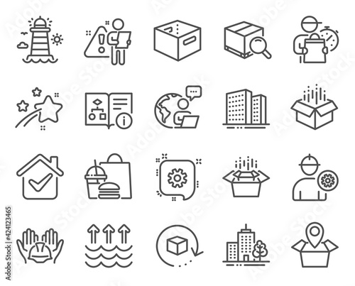 Industrial icons set. Included icon as Open box, Office box, Packing boxes signs. Cogwheel, Package location, Builders union symbols. Buildings, Evaporation, Lighthouse. Engineer. Vector photo