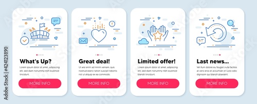 Set of Business icons, such as Heart, Arena, Ranking symbols. Mobile screen banners. Recovery data line icons. Love, Sport stadium, Hold star. Backup info. Heart icons. Vector