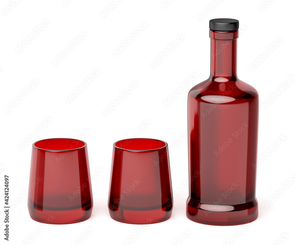 Red glass bottle and two empty glasses on white background Red glass bottle and two empty glasses on white background