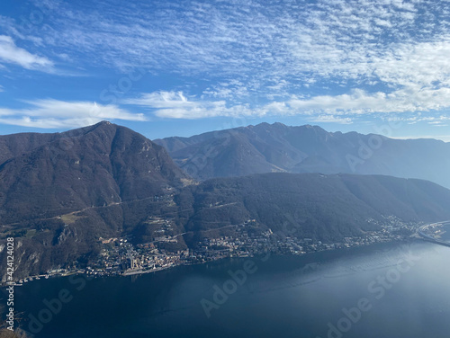 View from Mount San Salvatore. View of the mountains, Lake Lugano and Campione di Italy. Switzerland © TonzTonz