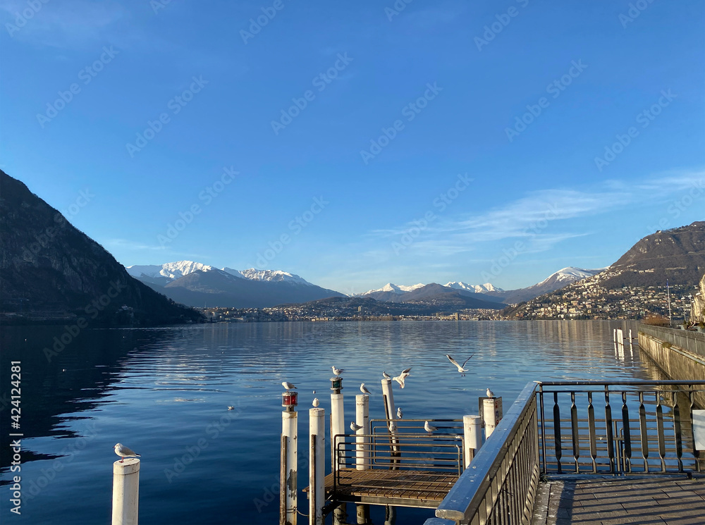 View from the Campione di Italy mountain. View of Mount San Salvatore, Lake Lugano. Campione d'italia, Switzerland