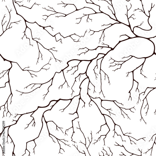 Seamless pattern of branches. Dark silhouettes of dry twigs without leaves. Monochrome drawing on an isolated white background.