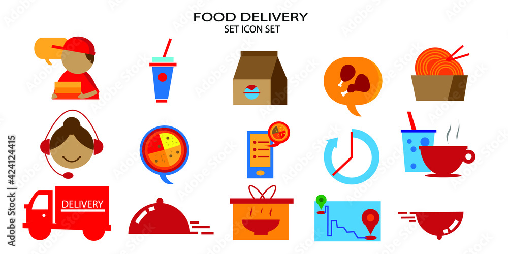 Set of Food Delivery Related Vector Icons. Contains Icons like Courier, Food Box, Contactless Delivery, fast food and more.