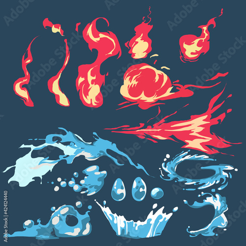 fire flame and water splash comic set. fire and water cartoon collection - vector