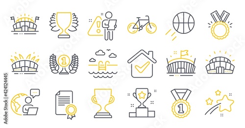 Set of Sports icons, such as Sports arena, Arena stadium, Winner symbols. Winner cup, Swimming pool, Laureate award signs. Basketball, Bicycle, Best rank. Sports stadium, Award cup, Honor. Vector