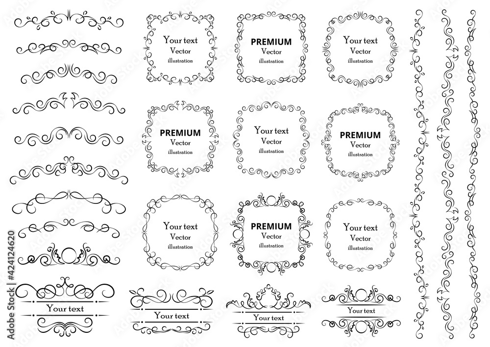 Calligraphic design elements . Decorative swirls or scrolls, vintage frames , flourishes, labels and dividers. Retro vector illustration