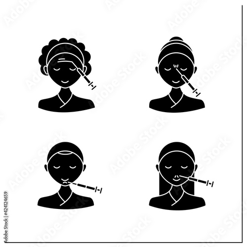 Cosmetic injection glyph icons set.Beauty correction. Rejuvenation. Forehead, chin, nose injections. Cosmetic procedure concept.Filled flat signs. Isolated silhouette vector illustrations