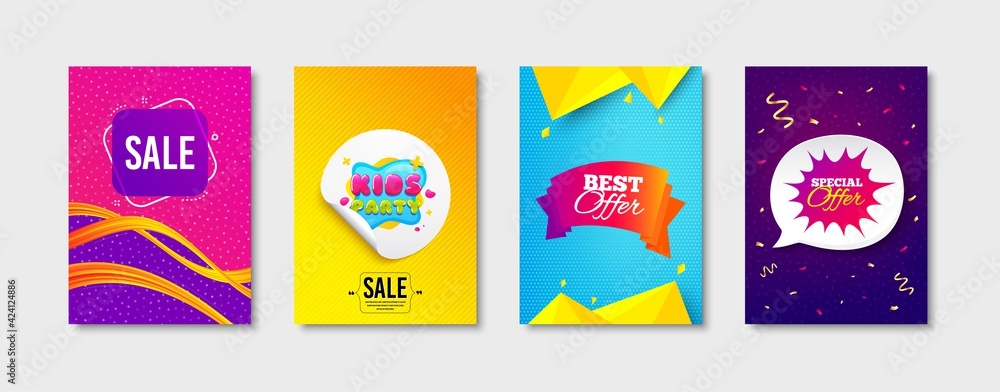 Sale, Kids party and Best offer promo label set. Sticker template layout. Special offer sign. Playing zone, Flyer tag, Banner shape. Promotional tag set. Speech bubble banner. Vector
