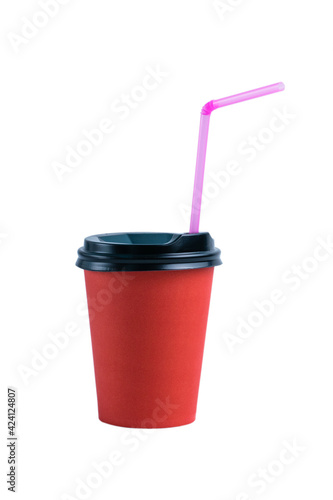 Red paper cup with plastic lid and straw on white background vertical format