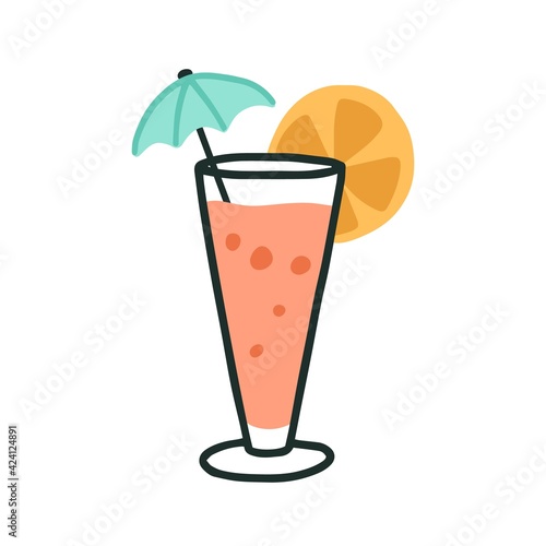 Glass of cold tropical beach cocktail with straw, umbrella and citrus slice. ...