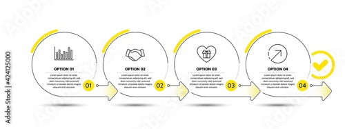 Romantic gift, Handshake and Bar diagram line icons set. Timeline process infograph. Direction sign. Surprise with love, Deal hand, Statistics infochart. Navigation pointer. Business set. Vector
