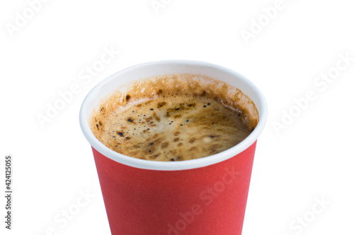 Coffee to go in a paper red glass without a lid isolate on a white background close-up top view