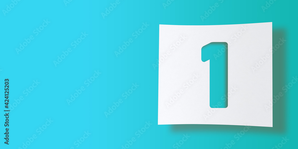 3D render numbers collection: No. 1, one, cut out on white square paper on turquoise background. Smooth drop shadow and large copy space. Illustration design in numeric typography. Basic shape 3D render numbers collection: No. 1, one, cut out on white square paper on turquoise background. Smooth drop shadow and large copy space. Illustration design in numeric typography. Basic shape