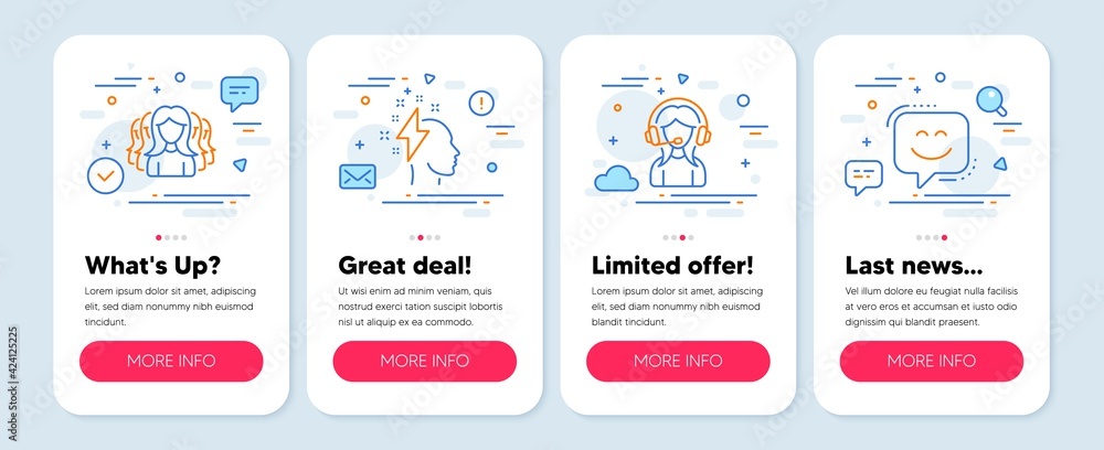 Set of People icons, such as Brainstorming, Support, Women group symbols. Mobile screen mockup banners. Smile face line icons. Lightning bolt, Call center, Lady service. Chat. Vector