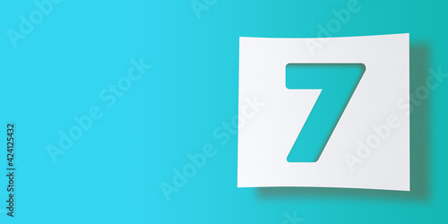 3D render numbers collection: No. 7, seven, cut out on white square paper on turquoise background. Smooth drop shadow and large copy space. Illustration design in numeric typography. Basic shape