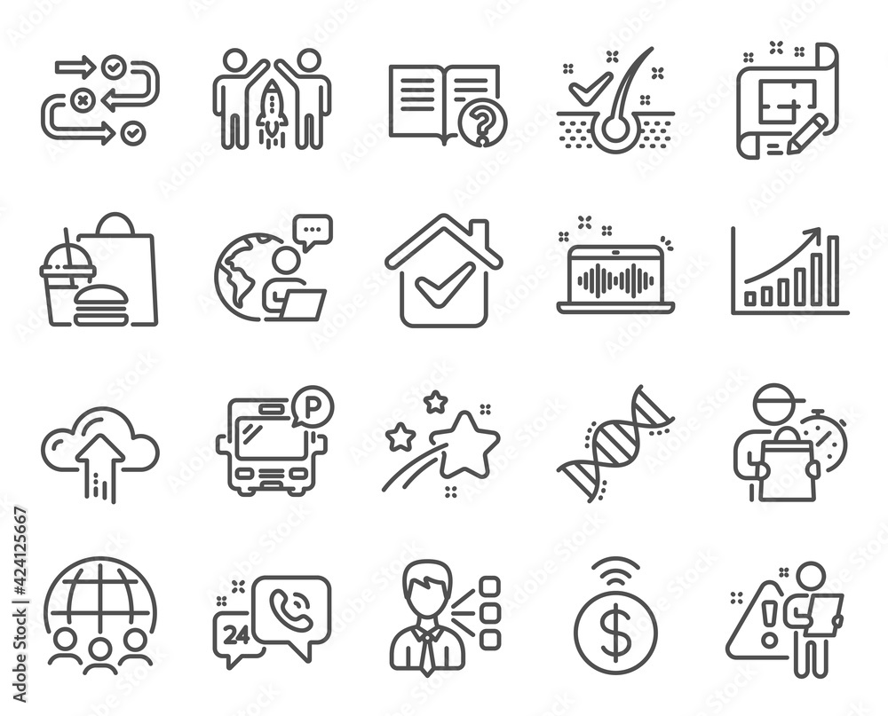 Technology icons set. Included icon as Survey progress, Architect plan, Partnership signs. Global business, Anti-dandruff flakes, Chemistry dna symbols. Cloud upload, Music making, Help. Vector