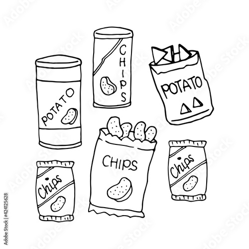 set of chips snack isolated on white background. chips in the box and can package. crispy potato slice. salty taste. hand drawn vector. doodle art for logo, label, clipart, coloring, advert, branding.