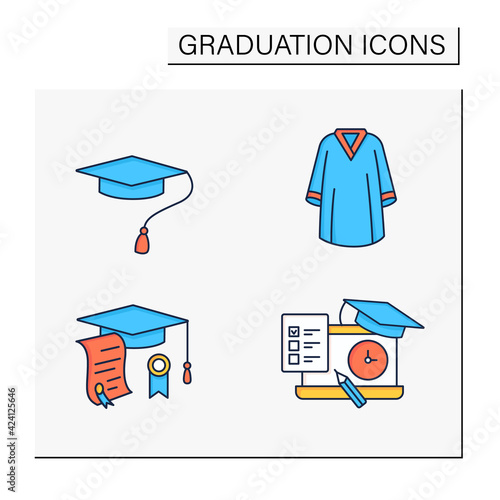Graduation color icons set. Special uniform, cap, dress diploma, exam. Studying concept. Isolated vector illustrations