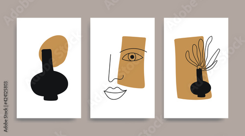 Woman fase silhouette line art Matisse painting. Golden black colors reproduction of painting. Contemporary Henri Matisse abstract vector poster. Geometric shape collage.