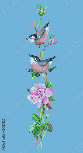 cross stitch bird on a floral branch