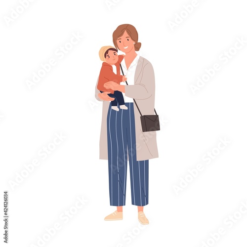 Happy single mother holding her baby in hands. Portrait of modern woman carrying little child. Young smiling mom and infant. Colored flat vector illustration isolated on white background