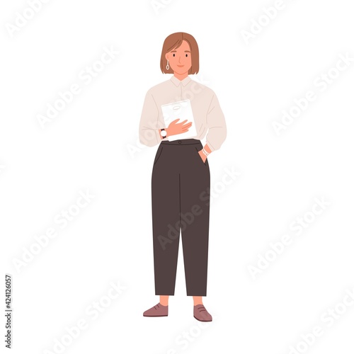 Smiling businesswoman holding tablet PC in hands. Portrait of happy office worker standing in formal clothes. Friendly young employee. Flat vector illustration isolated on white background