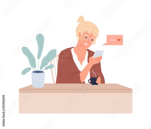 Woman with mobile phone texting to boyfriend online. Love app user writing message in dating app. Female character chatting in internet. Colored flat vector illustration isolated on white background
