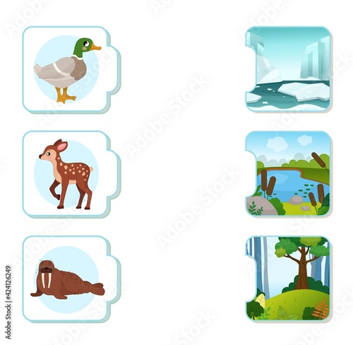 Matching children educational game. What do animals live?. Activity for pre sсhool years kids and toddlers. Animals and their homes.