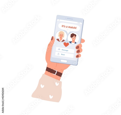 Female hand holding mobile phone with dating app interface. Couple match in online application on smartphone. Virtual pair building. Colored flat vector illustration isolated on white background