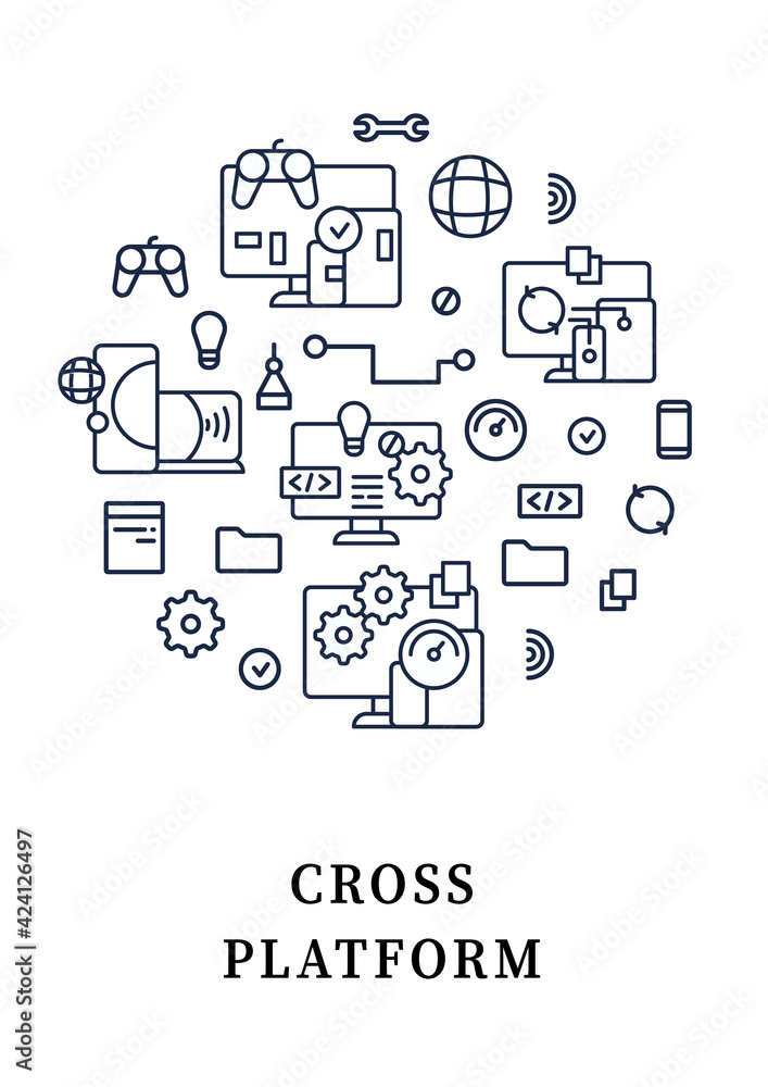 Cross platform circle poster. Hardware platform,Programming environment. Security. Digitalization concept. Isolated vector template