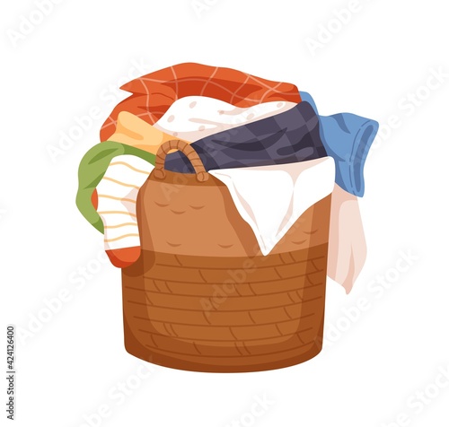 Laundry wicker basket with pile of dirty linen. Hamper full of untidy stained clothes. Messy heap of soiled textiles. Colored flat cartoon vector illustration isolated on white background