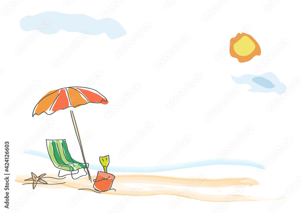 Vector background summer on the beach, childish drawing handmade. - obrazy, fototapety, plakaty 