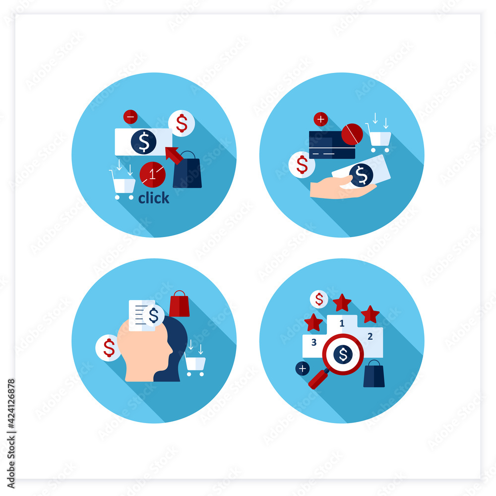 Fototapeta premium Mindful spendings flat icons set. Rating, accountability partner, one click buying, cash using. Buying fewer concepts.Vector collection