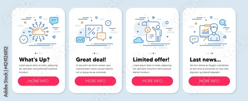 Set of line icons, such as Cloud network, Manual doc, Discounts symbols. Mobile screen mockup banners. Presentation line icons. Online storage, Project info, Best offer. Education board. Vector