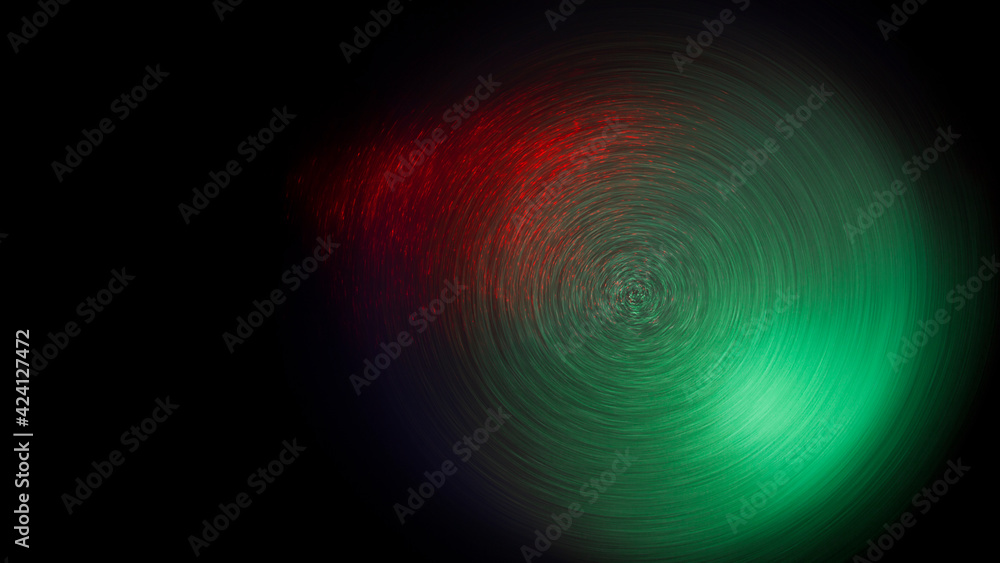 green and red light particles in a circular rotation