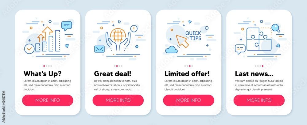 Set of Science icons, such as Quick tips, Organic tested, Analysis graph symbols. Mobile screen mockup banners. Puzzle line icons. Helpful tricks, Safe nature, Targeting chart. Vector Set of Science icons, such as Quick tips, Organic tested, Analysis graph symbols. Mobile screen mockup banners. Puzzle line icons. Helpful tricks, Safe nature, Targeting chart. Vector