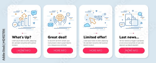 Set of Science icons, such as Quick tips, Organic tested, Analysis graph symbols. Mobile screen mockup banners. Puzzle line icons. Helpful tricks, Safe nature, Targeting chart. Vector