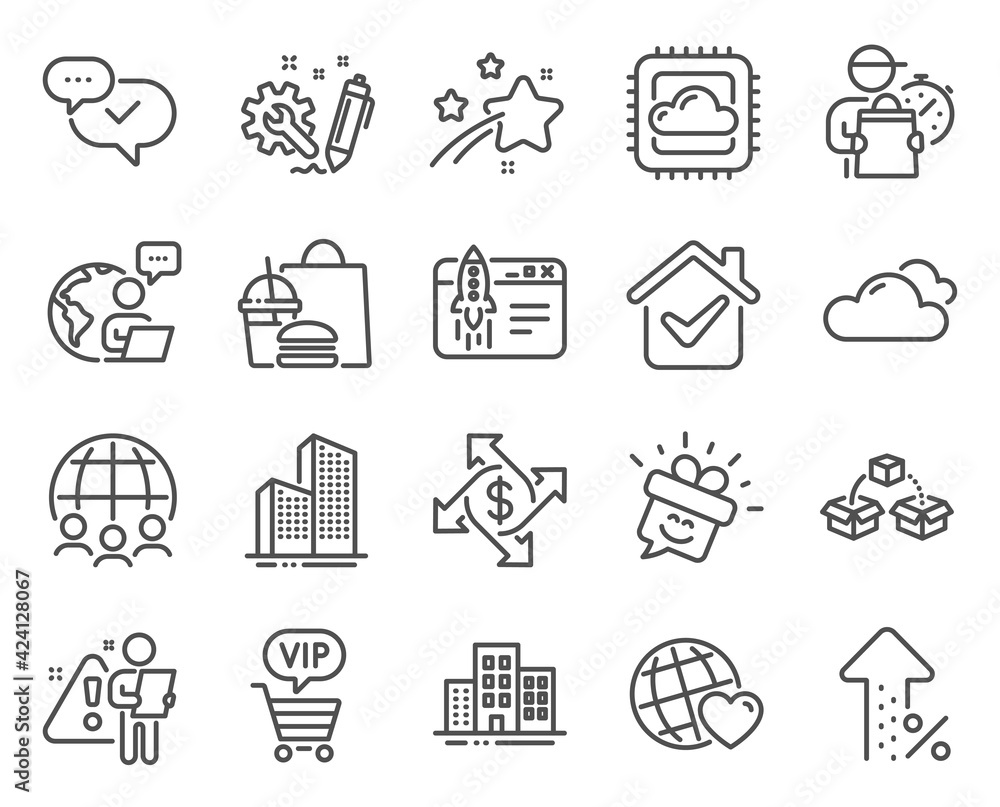 Business icons set. Included icon as Global business, Engineering, Skyscraper buildings signs. Approved, Increasing percent, Start business symbols. Friends world, Payment exchange, Smile. Vector Business icons set. Included icon as Global business, Engineering, Skyscraper buildings signs. Approved, Increasing percent, Start business symbols. Friends world, Payment exchange, Smile. Vector