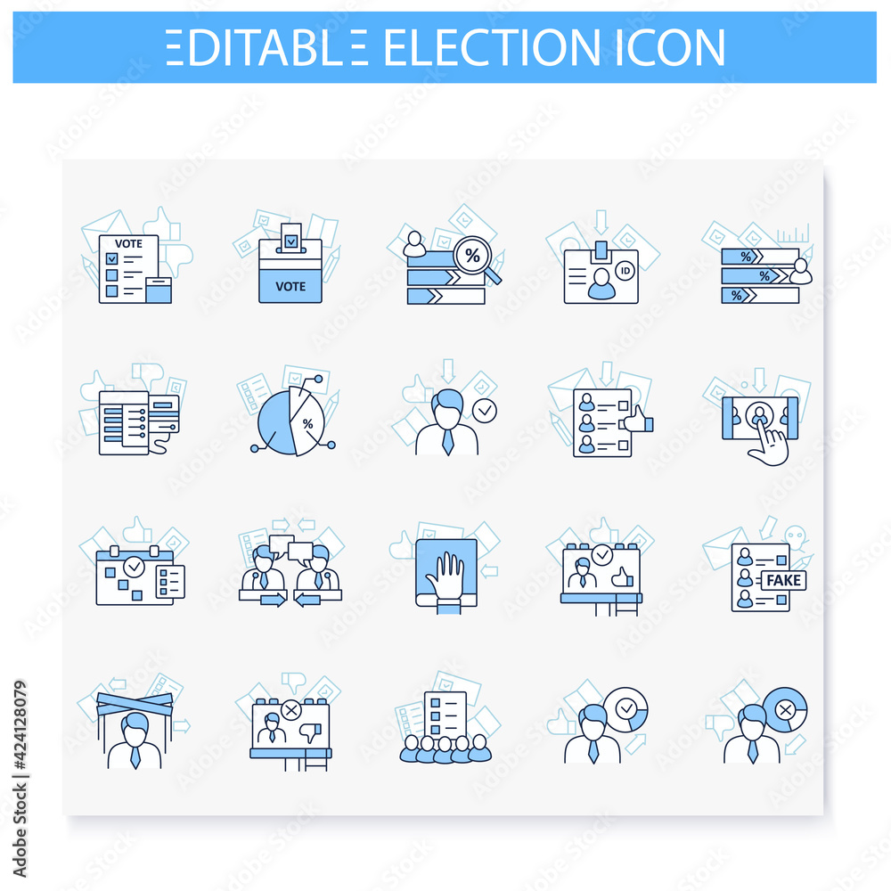 Election line icons set. Voting form, ballot or checklist with check mark. Choice, vote concept. Democracy. Parliamentary or presidential elections. Isolated vector illustrations. Editable stroke